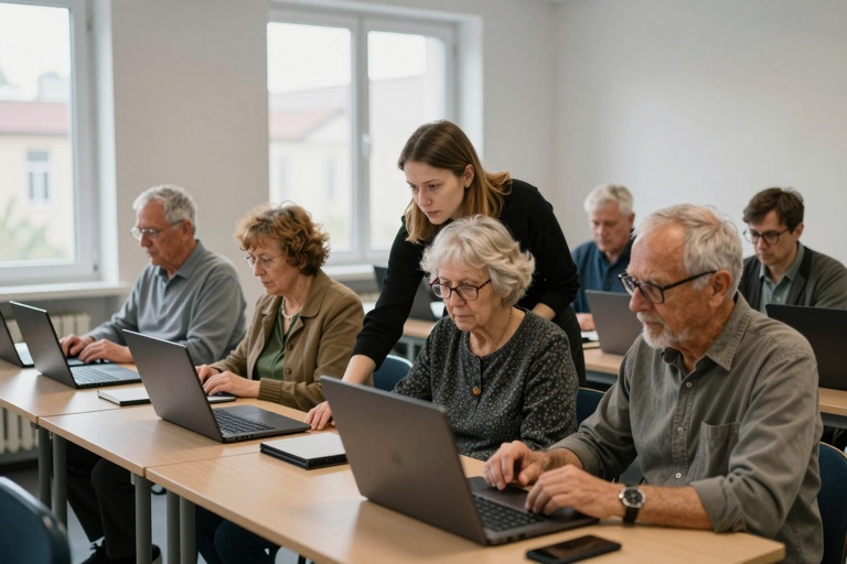 Ältere Teilnehmende arbeiten am Laptop, die Kursleiterin hilft einem von ihnen