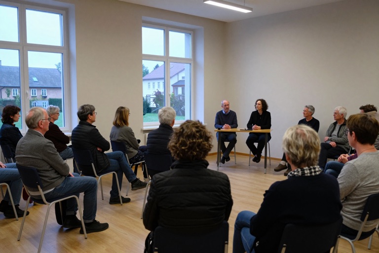 Publikum bei einem Abendvortrag, zwei Referenten sitzen vorn am Tisch