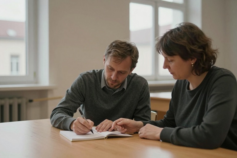 Ein Erwachsener schreibt in ein Übungsheft, eine Lernbegleiterin sitzt daneben