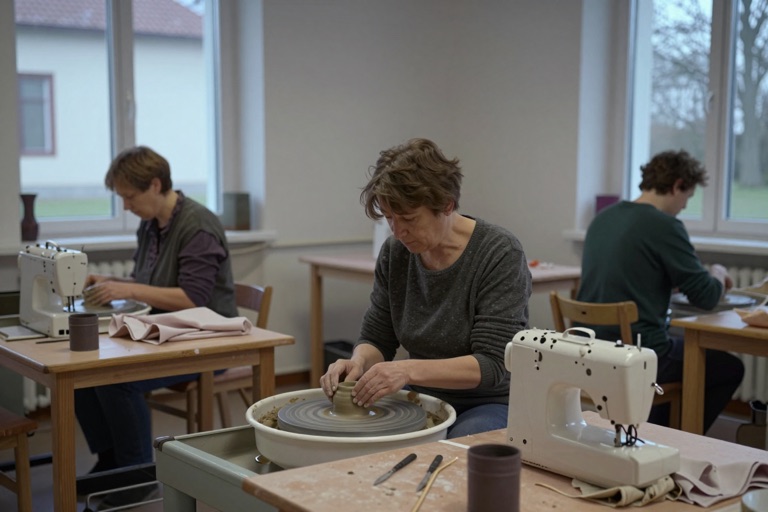 Arbeiten an der Töpferscheibe und an der Nähmaschine in einer Werkstatt