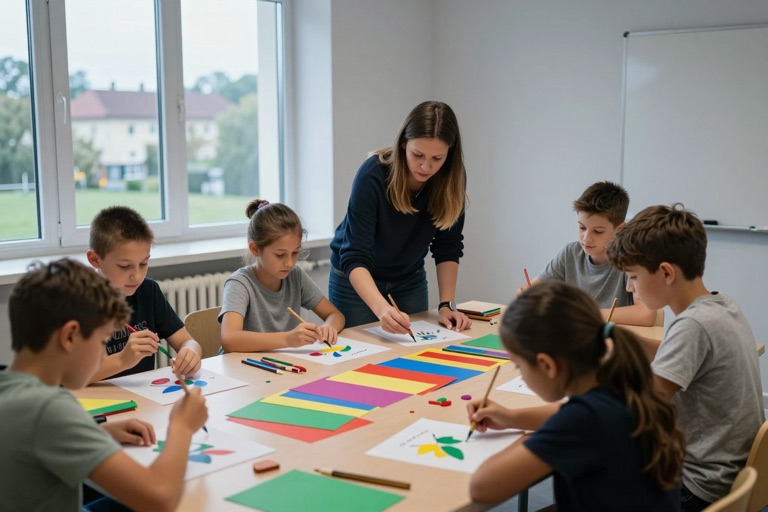 Kinder basteln und malen gemeinsam an einem großen Tisch