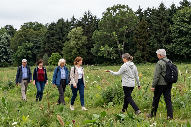 Kräuterwanderung: die Leiterin zeigt einer kleinen Gruppe Wildpflanzen