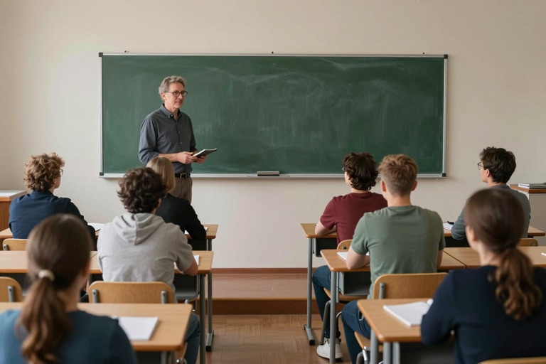 Erwachsene im Abendunterricht an Schultischen, der Lehrer steht an der Tafel
