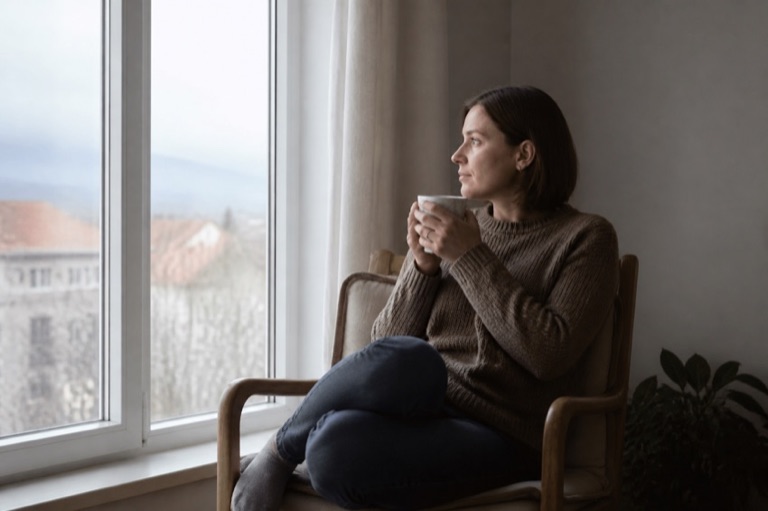 Frau sitzt ruhig am Fenster mit einer Tasse Tee
