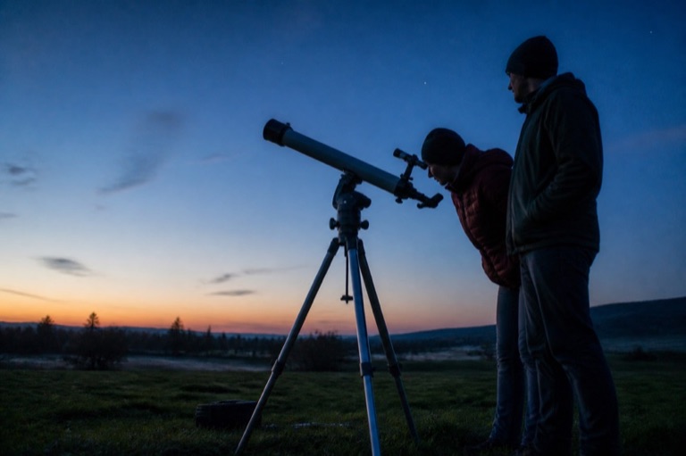 Teleskop bei Dämmerung unter Sternenhimmel