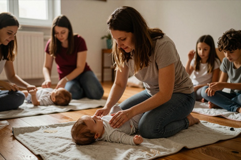 Mutter massiert ihr Baby auf einer Decke im Kursraum