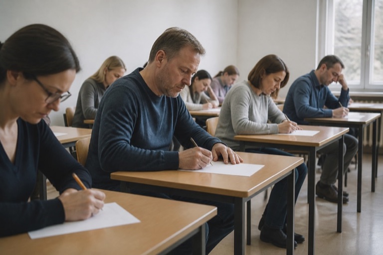 Teilnehmende bei einem schriftlichen Test im Kursraum