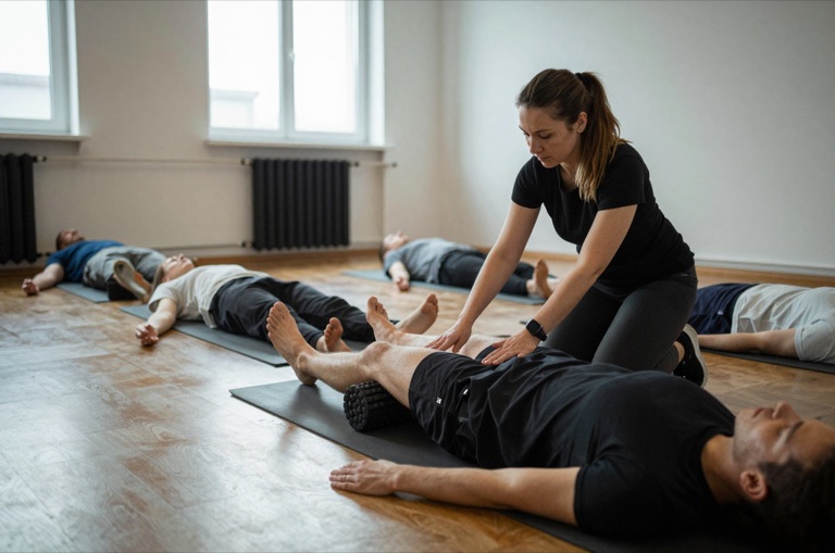 Kursgruppe beim Faszientraining mit Rollen auf Matten
