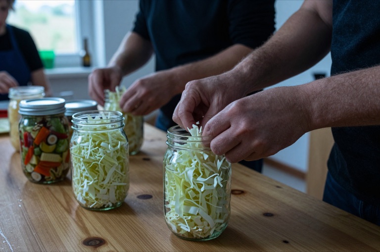 Einmachgläser mit fermentiertem Gemüse auf einem Arbeitstisch