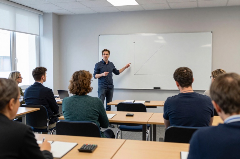 Vortrag zur Geldanlage mit Diagramm an der Wand