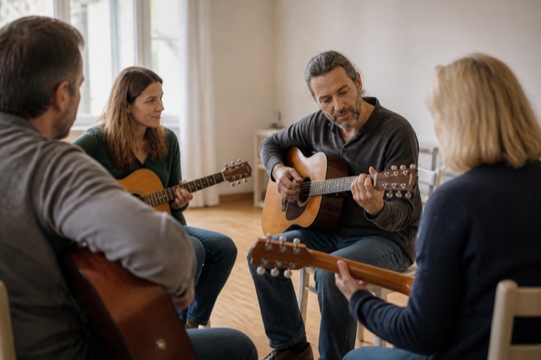 Gruppe mit Akustikgitarren im Kursraum