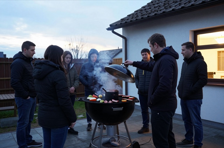 Kursgruppe am Kugelgrill im Freien