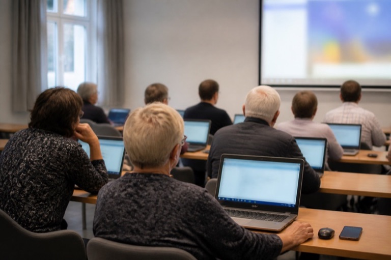 Kursraum mit Laptops und Beamer
