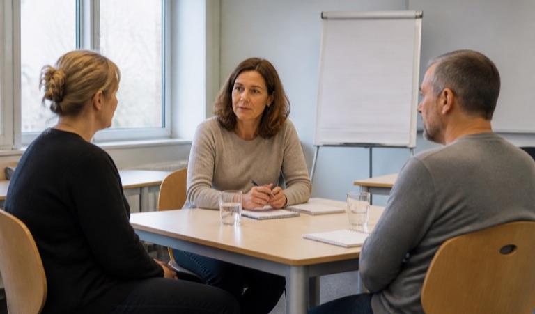 Mediatorin im Gespräch mit zwei Konfliktparteien