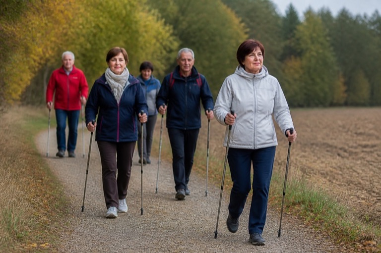 Gruppe beim Nordic Walking auf einem Feldweg