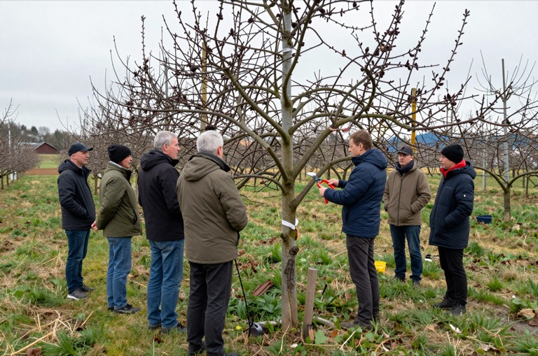 Kursgruppe beim Obstbaumschnitt auf einer Streuobstwiese