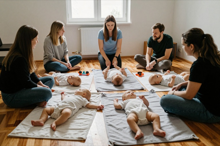 Eltern mit Babys auf Decken in einem warmen Kursraum