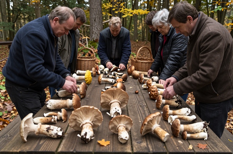 Kursgruppe bestimmt gesammelte Pilze auf einem Tisch im Wald