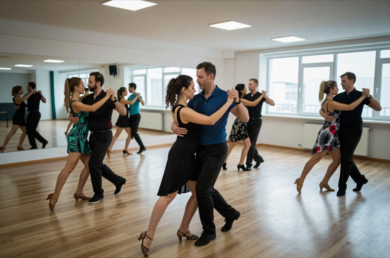 Paare beim Salsa-Kurs in einem Bewegungsraum