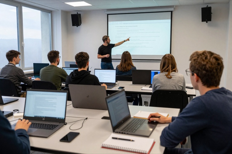 Kursteilnehmende arbeiten am Laptop an Social-Media-Beiträgen