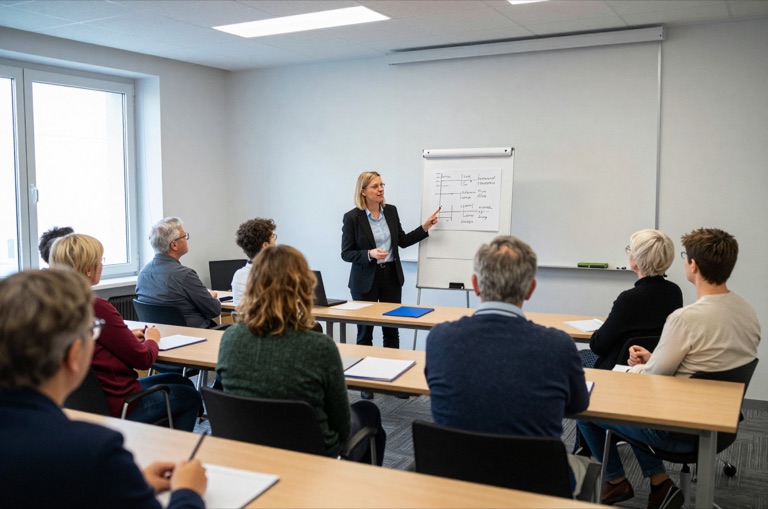 Vortragsabend mit Zuhörenden in einem Seminarraum