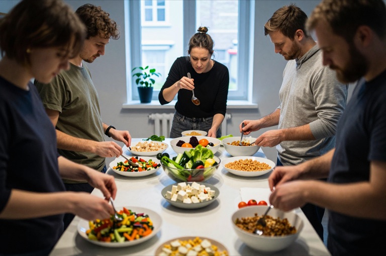 Kursteilnehmende bereiten Gemüsegerichte in einer Lehrküche zu
