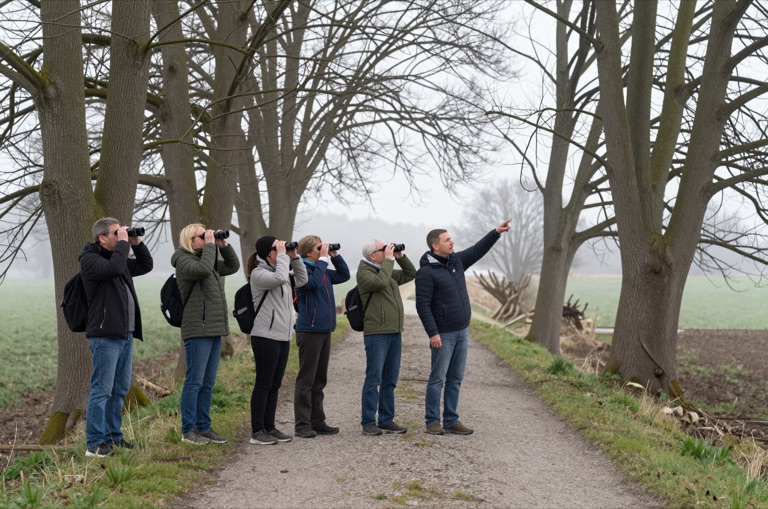 Exkursionsgruppe mit Ferngläsern am frühen Morgen