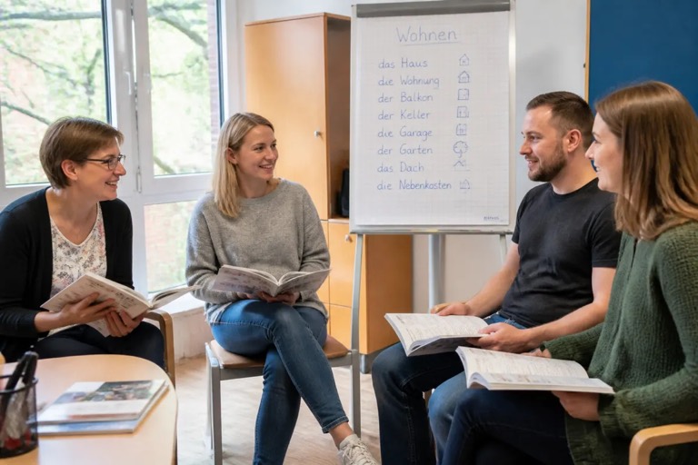 Kleine Lerngruppe im Gespräch während eines Sprachkurses
